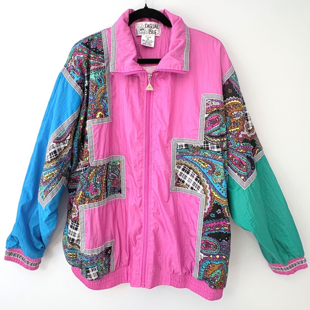 Vintage 80s/90s Casual Isle Colorblock Windbreaker Jacket Plus 1X Pink Paisley